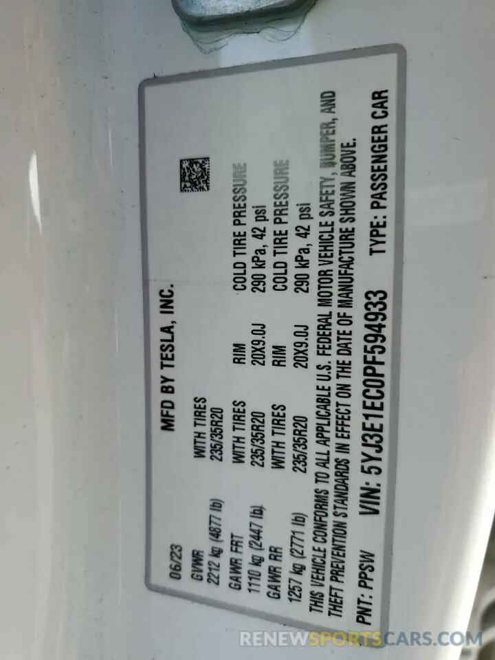 12 Photograph of a damaged car 5YJ3E1EC0PF594933 TESLA MODEL 3 2023