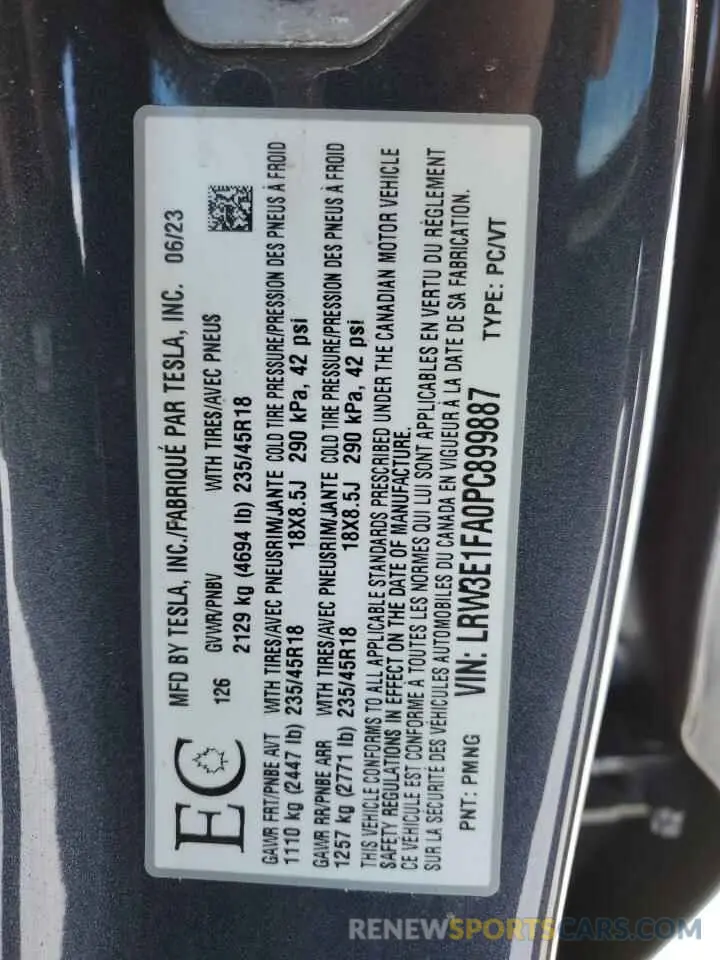 12 Photograph of a damaged car LRW3E1FA0PC899887 TESLA MODEL 3 2023