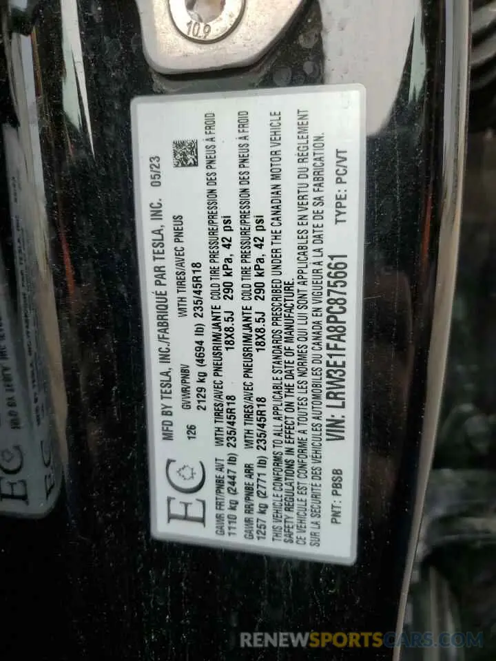 13 Photograph of a damaged car LRW3E1FA8PC875661 TESLA MODEL 3 2023