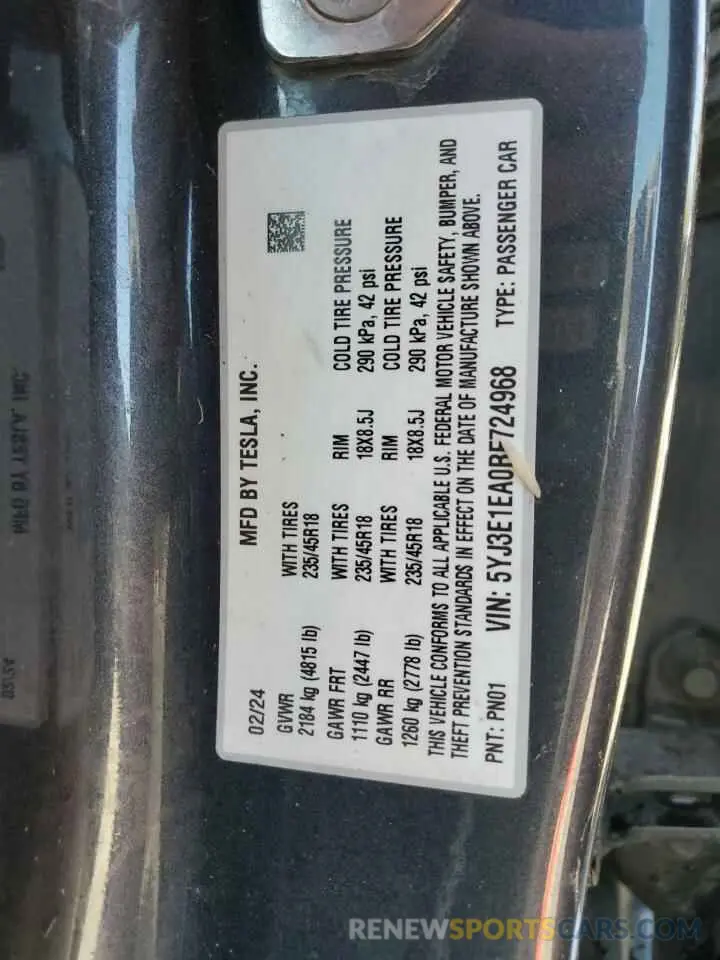 13 Photograph of a damaged car 5YJ3E1EA0RF724968 TESLA MODEL 3 2024