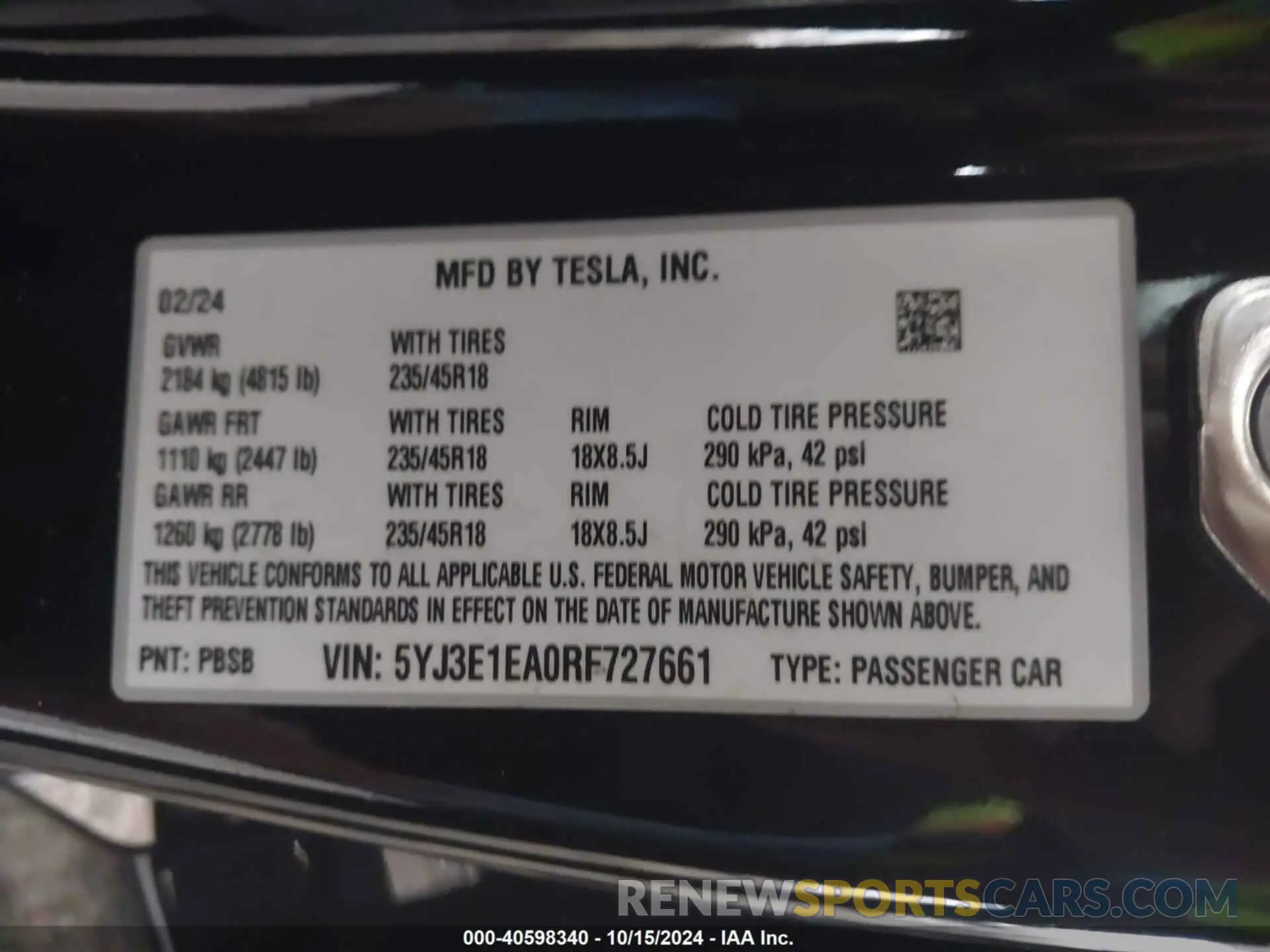 9 Photograph of a damaged car 5YJ3E1EA0RF727661 TESLA MODEL 3 2024