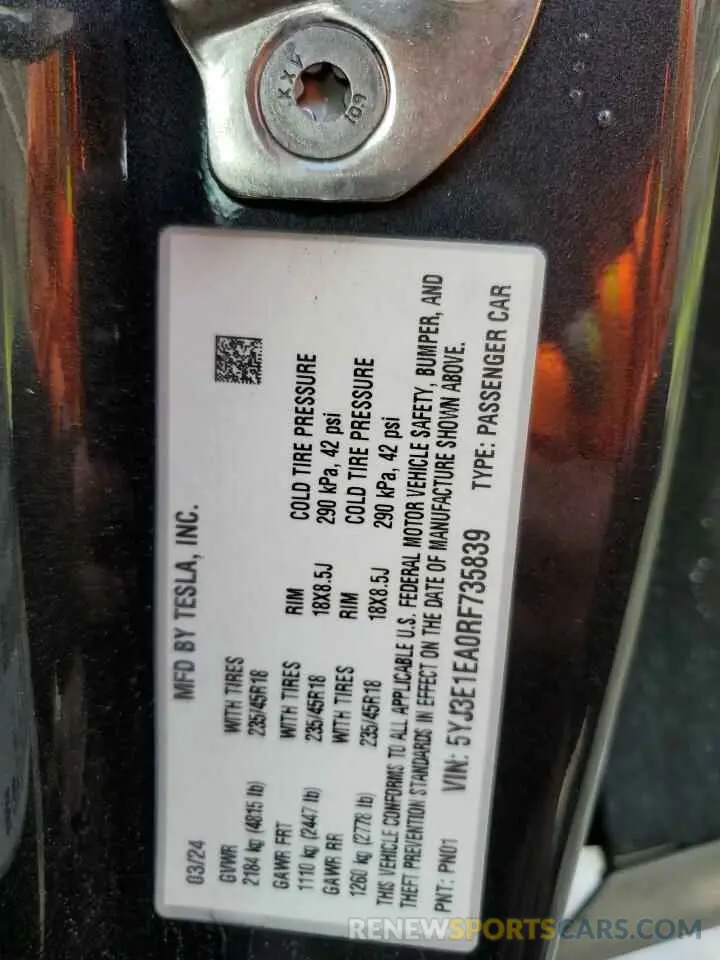 13 Photograph of a damaged car 5YJ3E1EA0RF735839 TESLA MODEL 3 2024