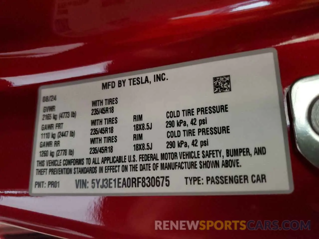 12 Photograph of a damaged car 5YJ3E1EA0RF830675 TESLA MODEL 3 2024