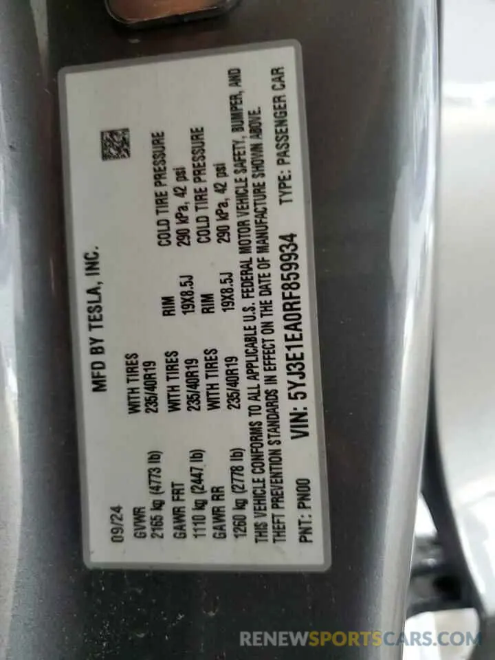13 Photograph of a damaged car 5YJ3E1EA0RF859934 TESLA MODEL 3 2024