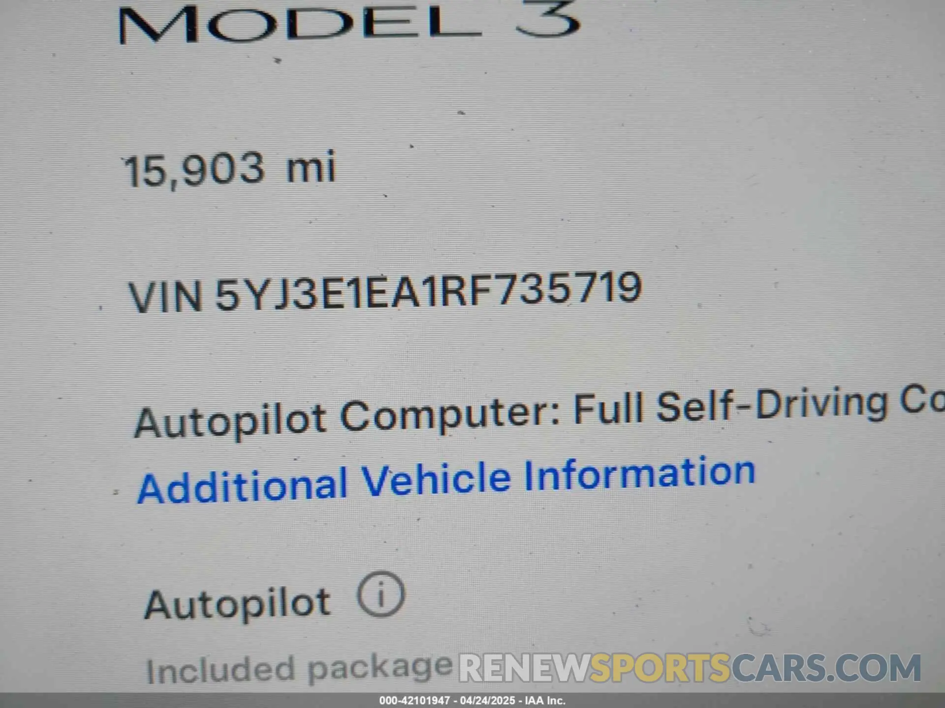 15 Photograph of a damaged car 5YJ3E1EA1RF735719 TESLA MODEL 3 2024