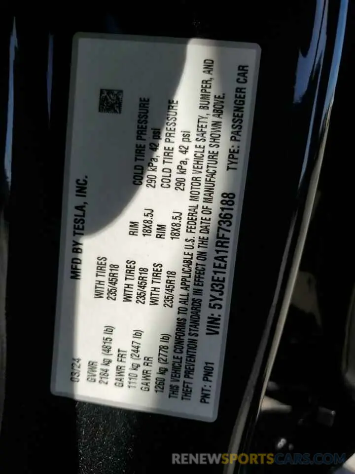 13 Photograph of a damaged car 5YJ3E1EA1RF736188 TESLA MODEL 3 2024