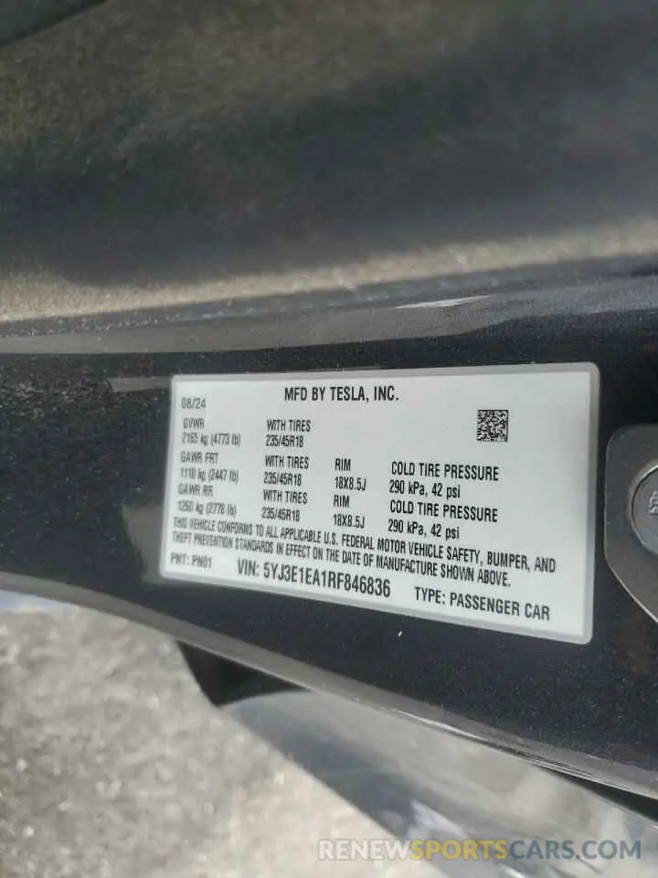 14 Photograph of a damaged car 5YJ3E1EA1RF846836 TESLA MODEL 3 2024