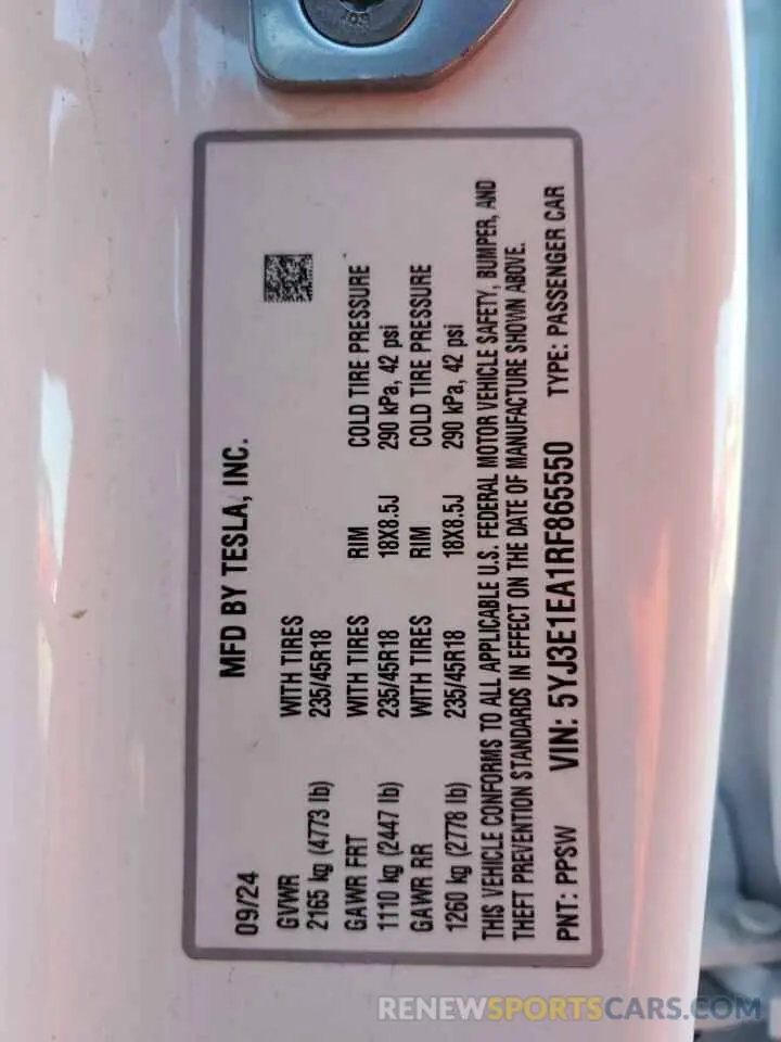 12 Photograph of a damaged car 5YJ3E1EA1RF865550 TESLA MODEL 3 2024