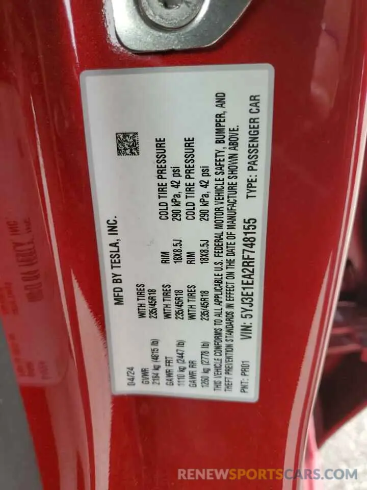 15 Photograph of a damaged car 5YJ3E1EA2RF748155 TESLA MODEL 3 2024