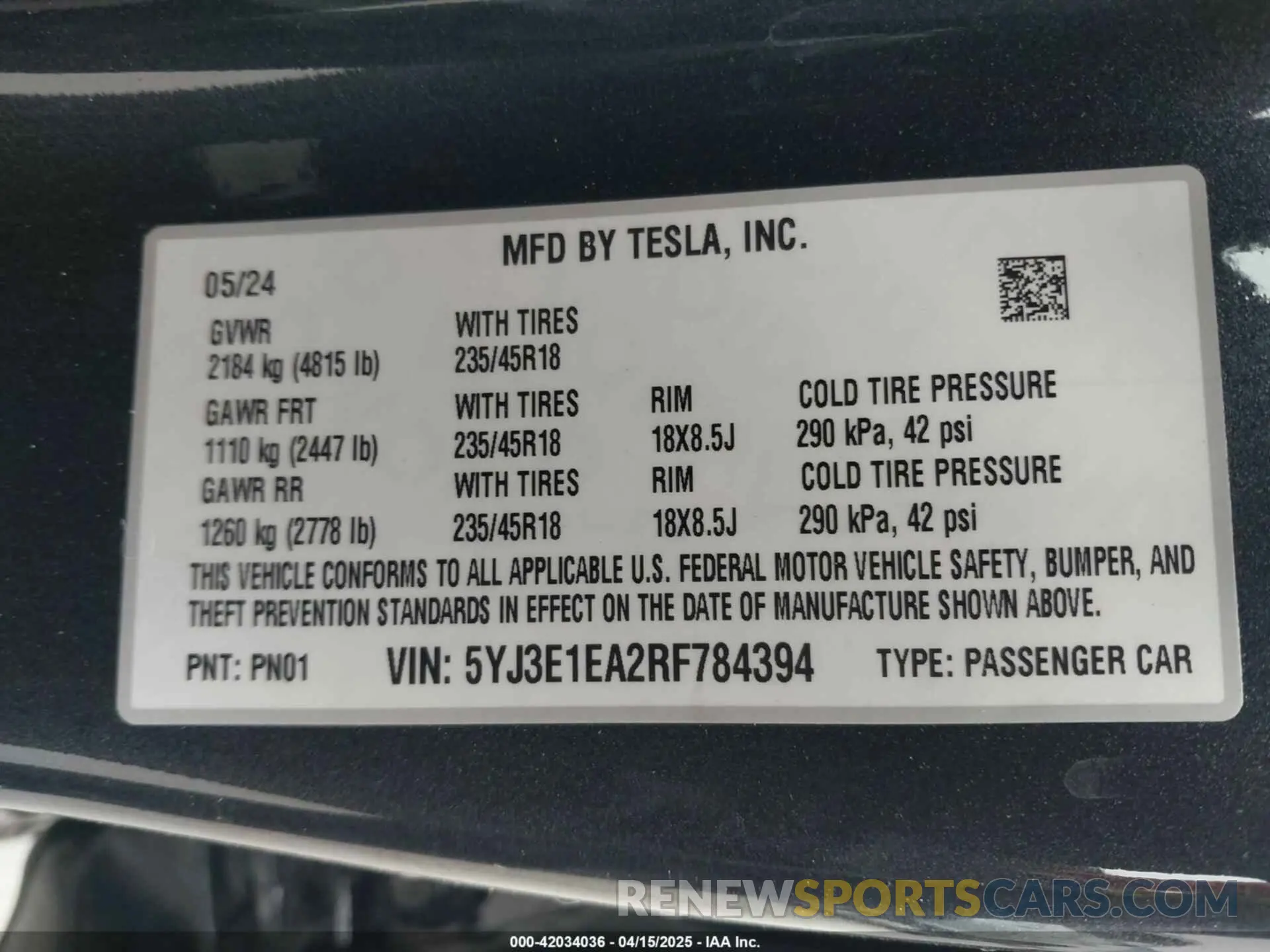 9 Photograph of a damaged car 5YJ3E1EA2RF784394 TESLA MODEL 3 2024
