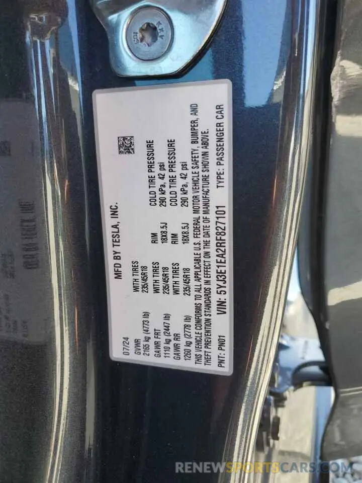 12 Photograph of a damaged car 5YJ3E1EA2RF827101 TESLA MODEL 3 2024
