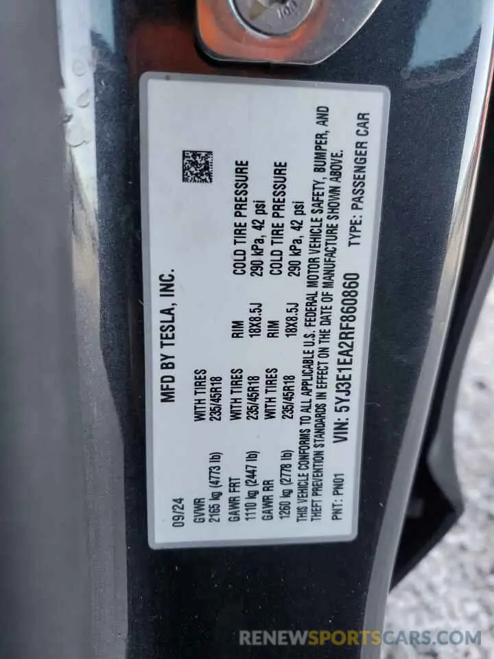 15 Photograph of a damaged car 5YJ3E1EA2RF860860 TESLA MODEL 3 2024