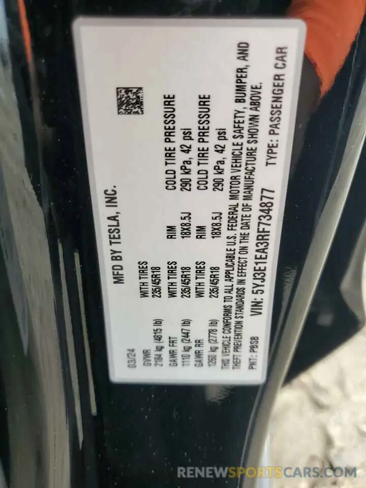 12 Photograph of a damaged car 5YJ3E1EA3RF734877 TESLA MODEL 3 2024