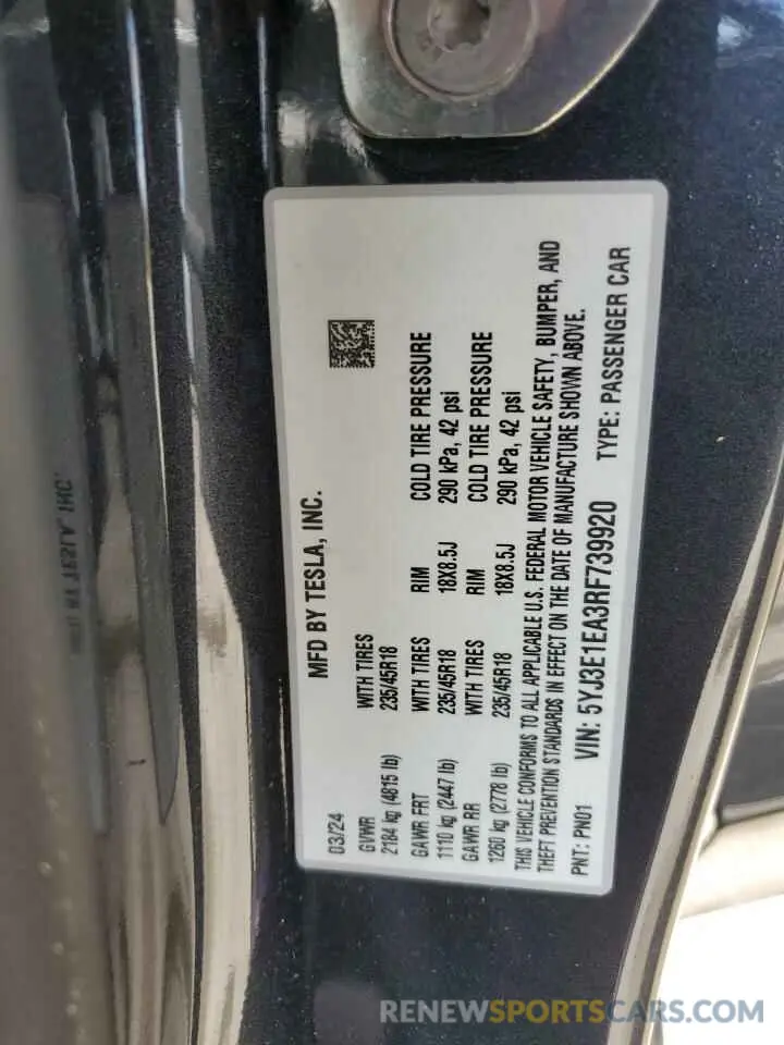 14 Photograph of a damaged car 5YJ3E1EA3RF739920 TESLA MODEL 3 2024