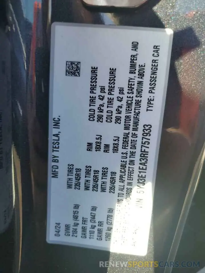 13 Photograph of a damaged car 5YJ3E1EA3RF757933 TESLA MODEL 3 2024