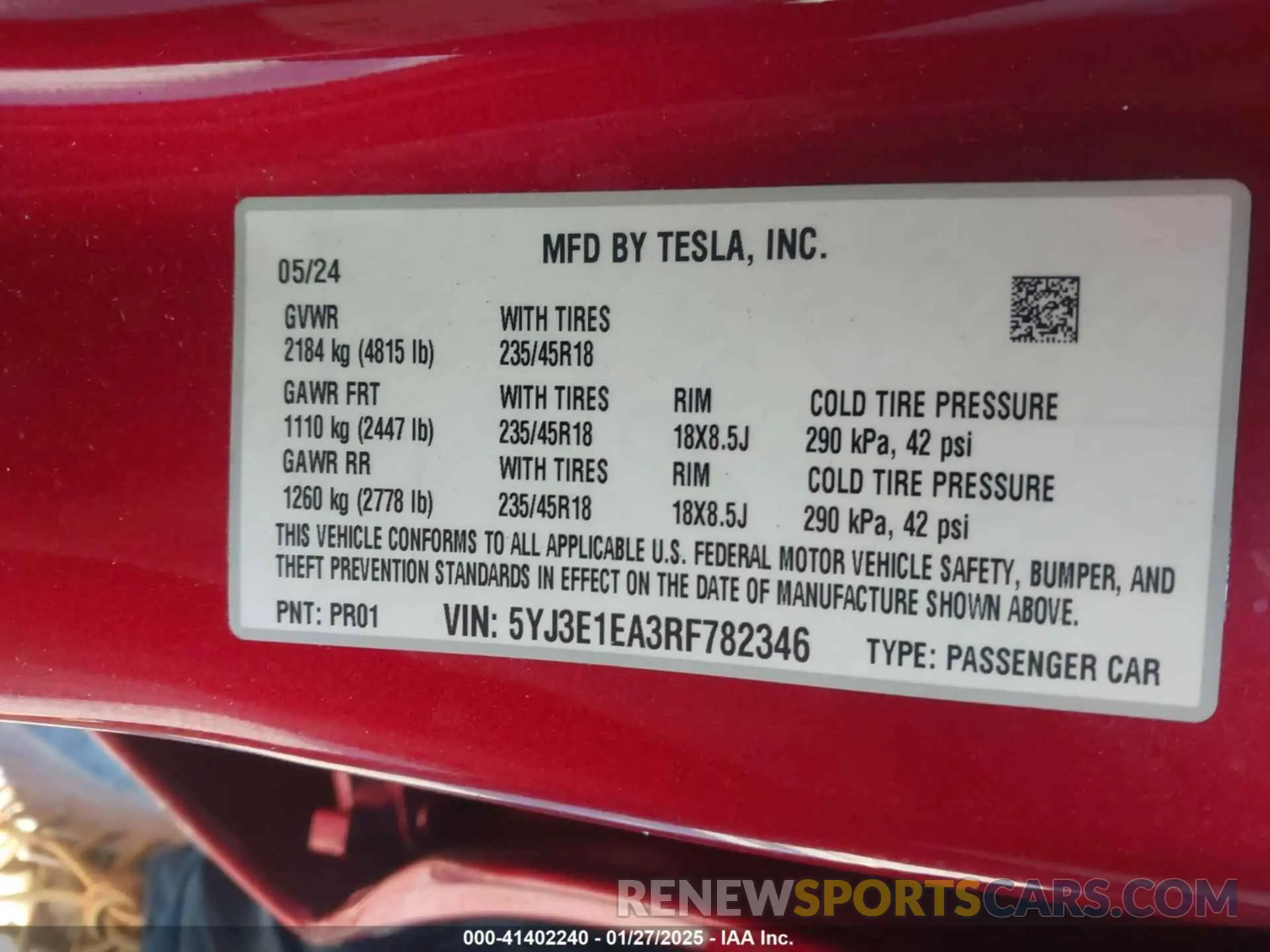 9 Photograph of a damaged car 5YJ3E1EA3RF782346 TESLA MODEL 3 2024