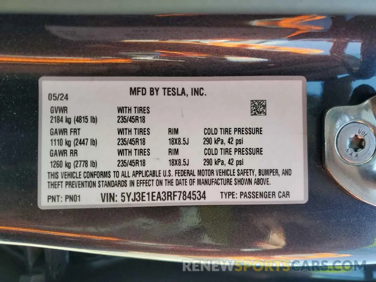 12 Photograph of a damaged car 5YJ3E1EA3RF784534 TESLA MODEL 3 2024