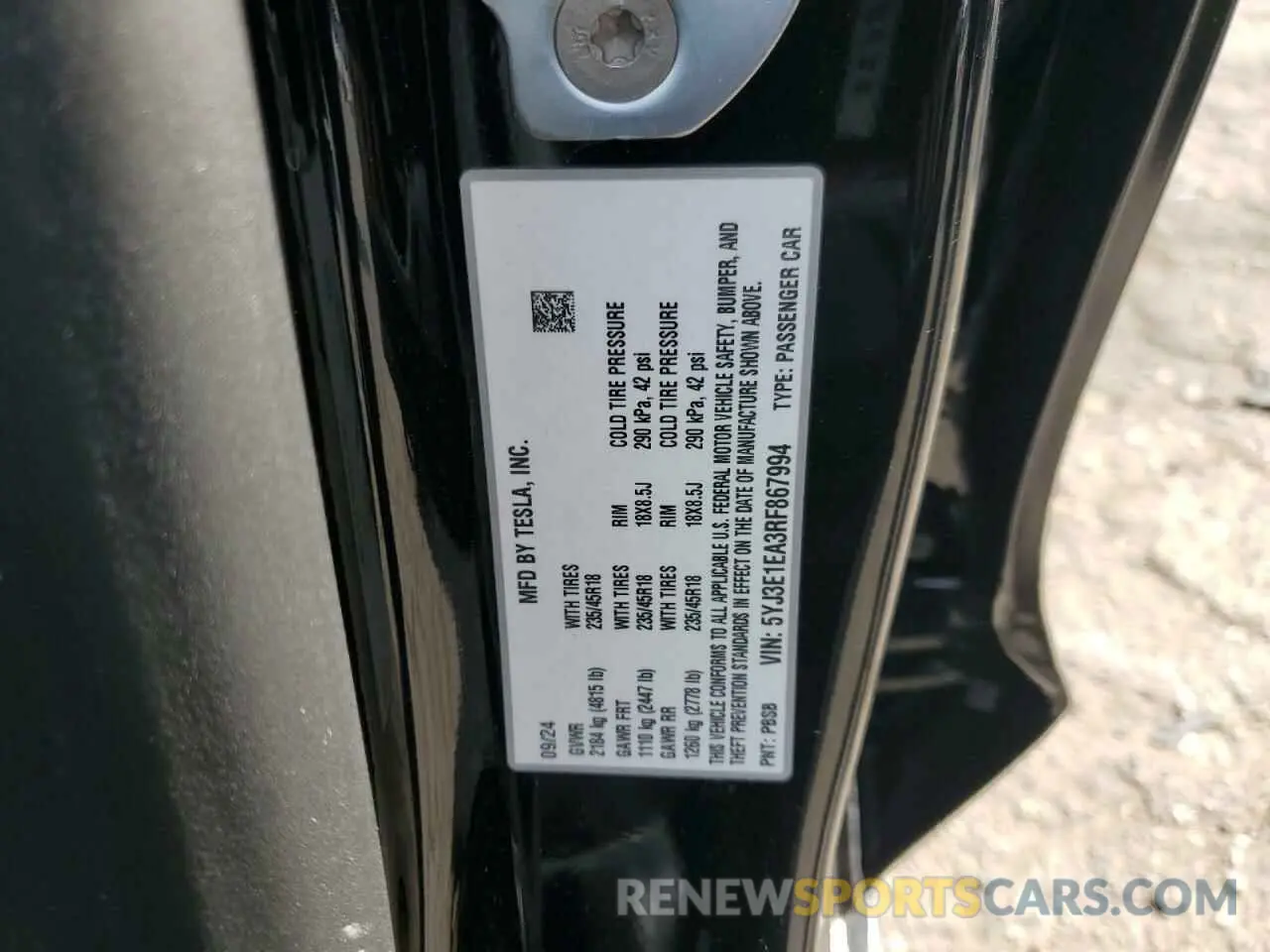 12 Photograph of a damaged car 5YJ3E1EA3RF867994 TESLA MODEL 3 2024