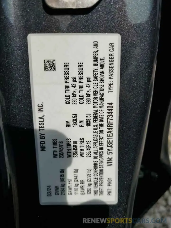 12 Photograph of a damaged car 5YJ3E1EA4RF734404 TESLA MODEL 3 2024