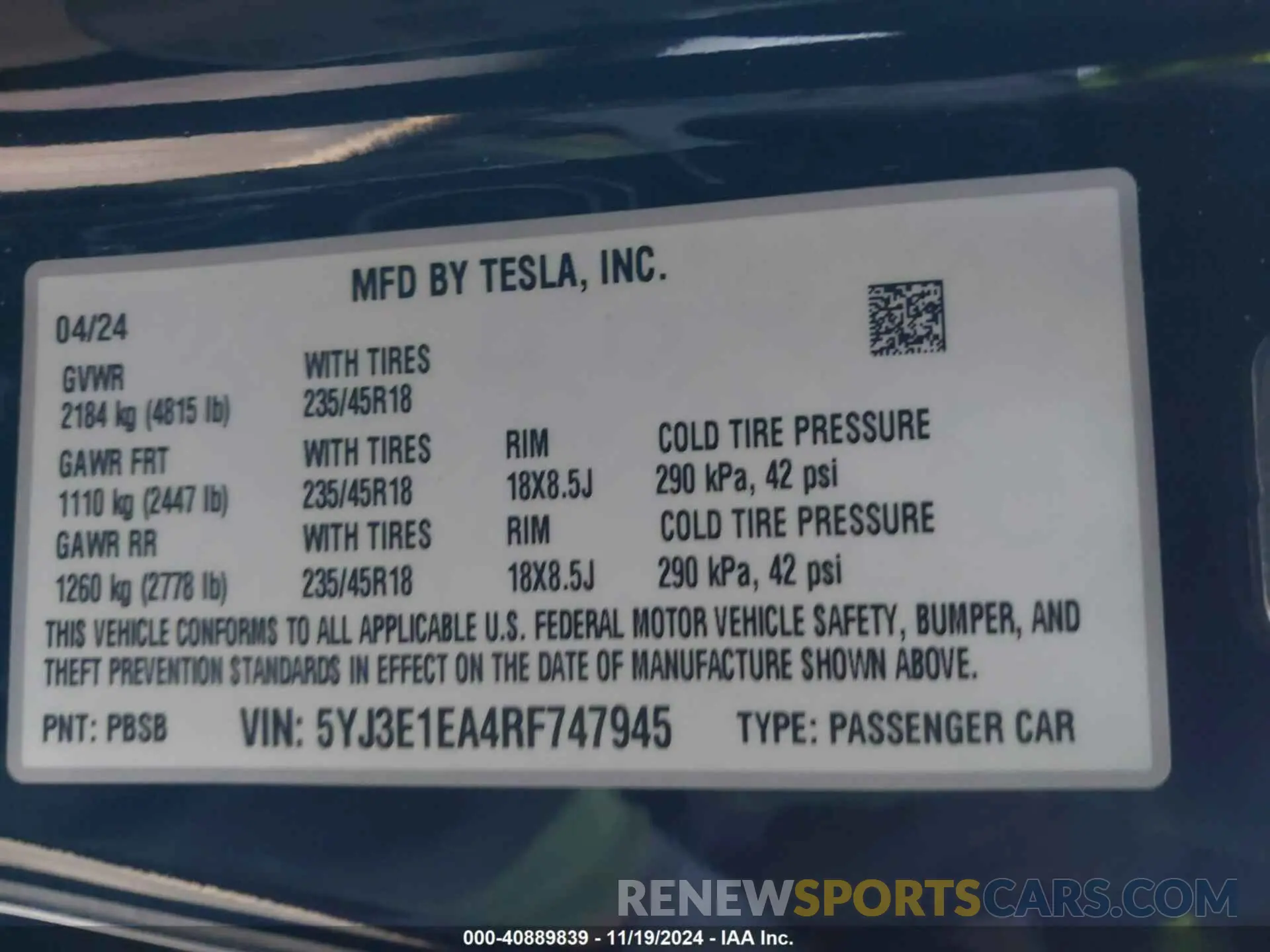 9 Photograph of a damaged car 5YJ3E1EA4RF747945 TESLA MODEL 3 2024