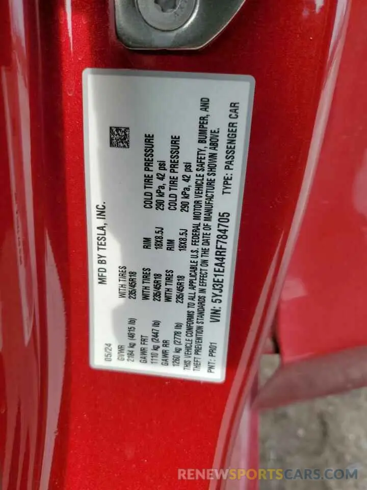 12 Photograph of a damaged car 5YJ3E1EA4RF784705 TESLA MODEL 3 2024