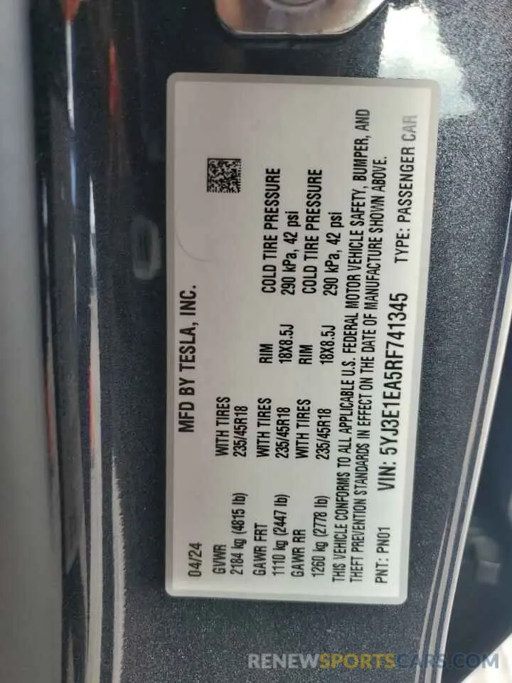 14 Photograph of a damaged car 5YJ3E1EA5RF741345 TESLA MODEL 3 2024