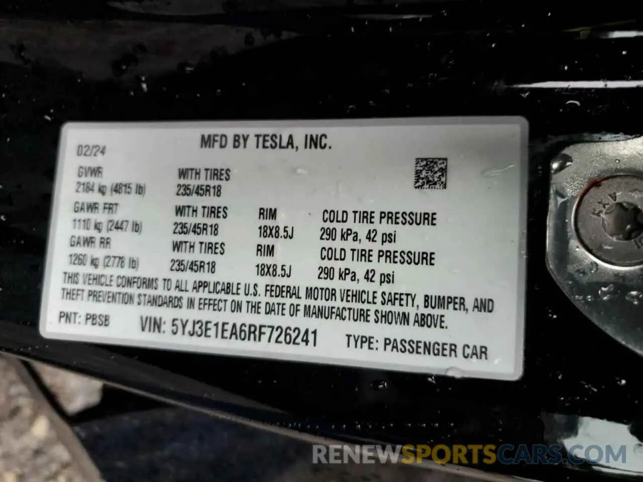 12 Photograph of a damaged car 5YJ3E1EA6RF726241 TESLA MODEL 3 2024