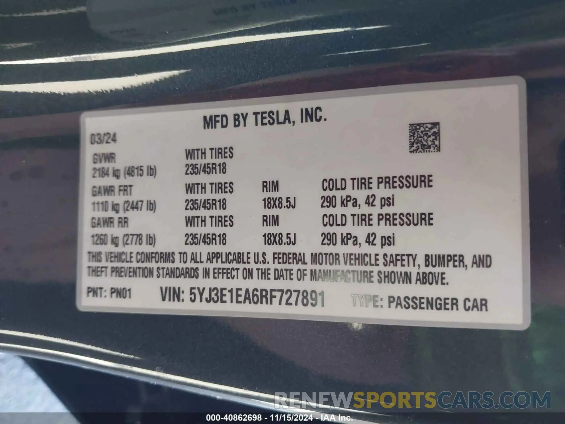 9 Photograph of a damaged car 5YJ3E1EA6RF727891 TESLA MODEL 3 2024