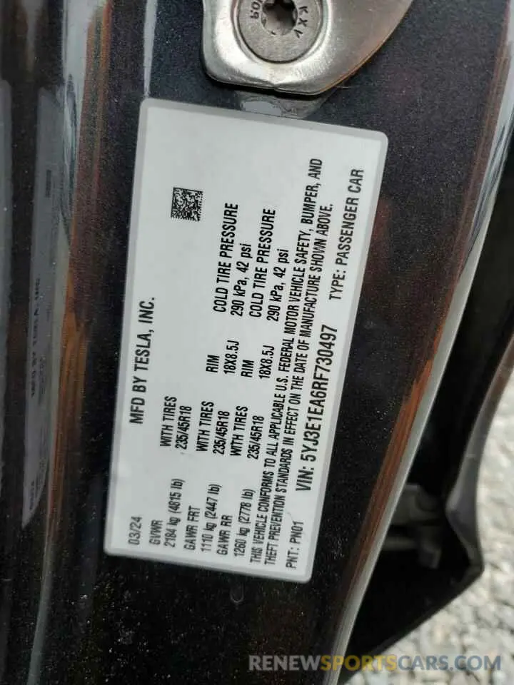 13 Photograph of a damaged car 5YJ3E1EA6RF730497 TESLA MODEL 3 2024