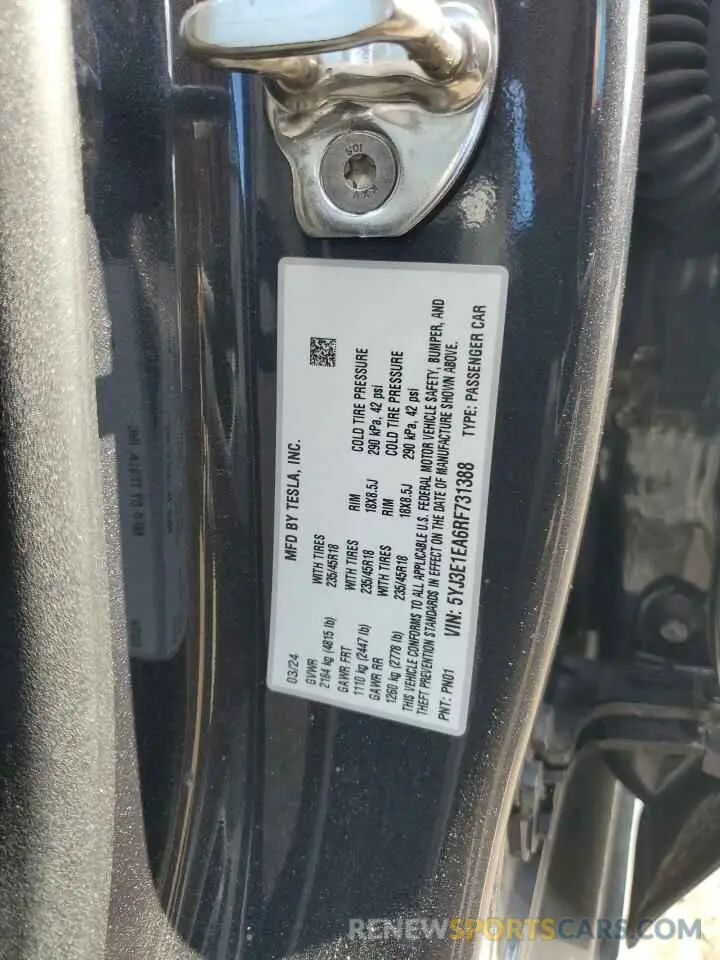 15 Photograph of a damaged car 5YJ3E1EA6RF731388 TESLA MODEL 3 2024