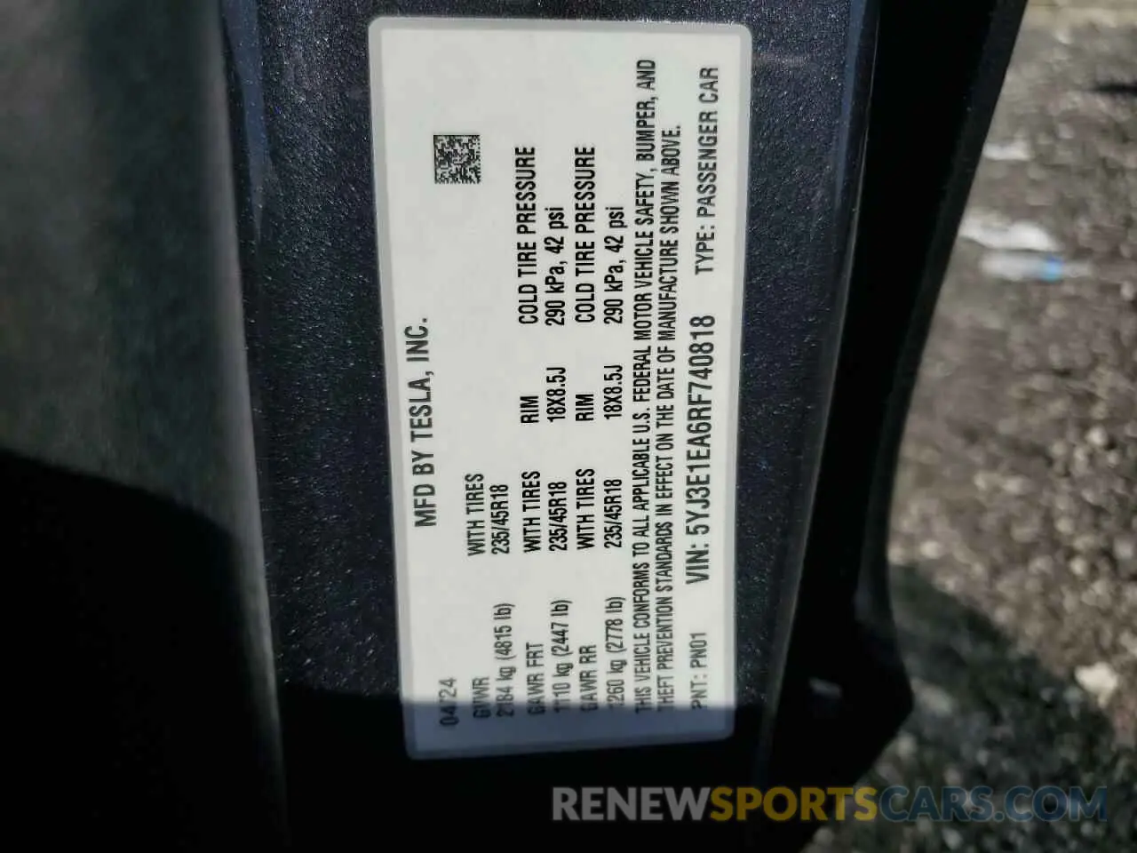 12 Photograph of a damaged car 5YJ3E1EA6RF740818 TESLA MODEL 3 2024