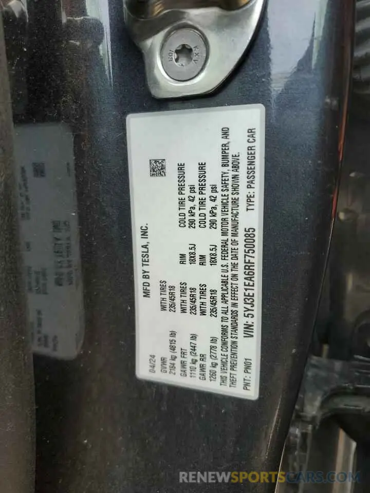 12 Photograph of a damaged car 5YJ3E1EA6RF750085 TESLA MODEL 3 2024