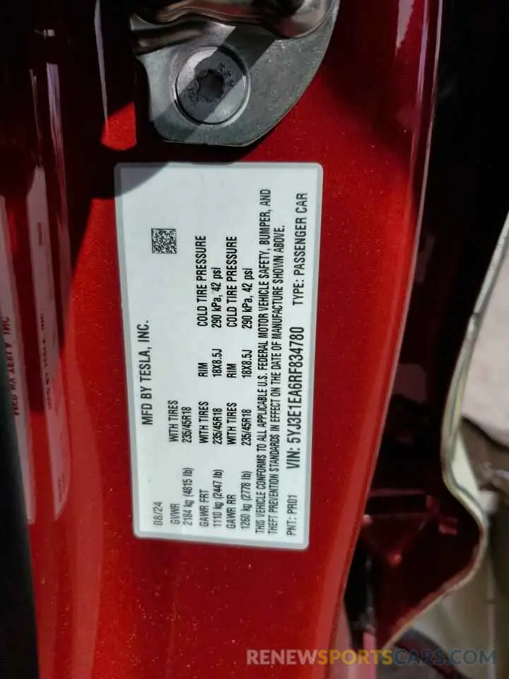 12 Photograph of a damaged car 5YJ3E1EA6RF834780 TESLA MODEL 3 2024