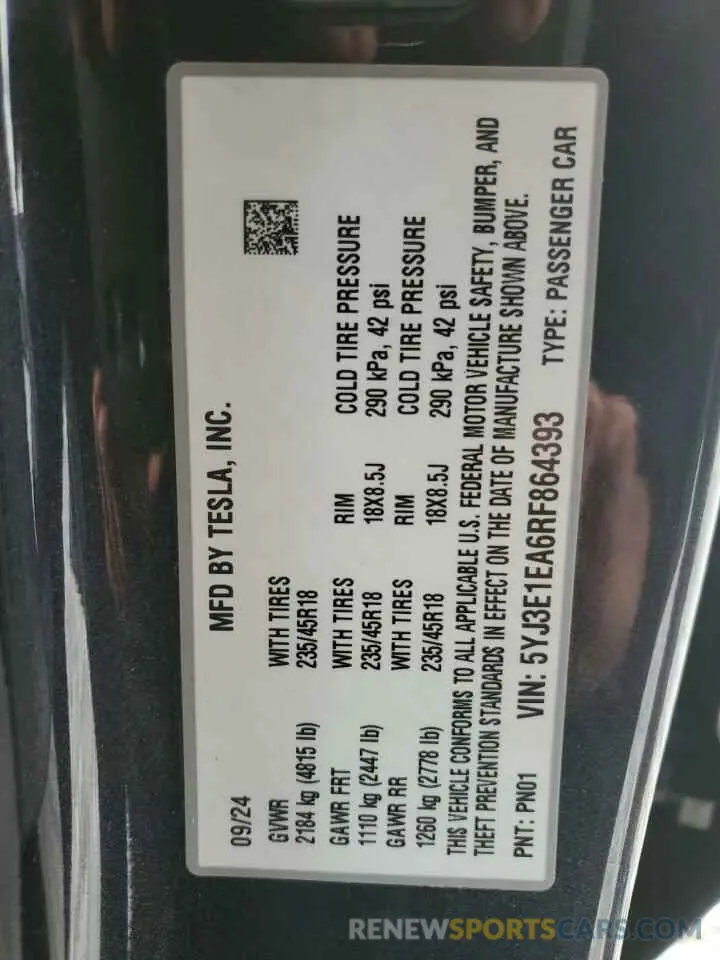 14 Photograph of a damaged car 5YJ3E1EA6RF864393 TESLA MODEL 3 2024