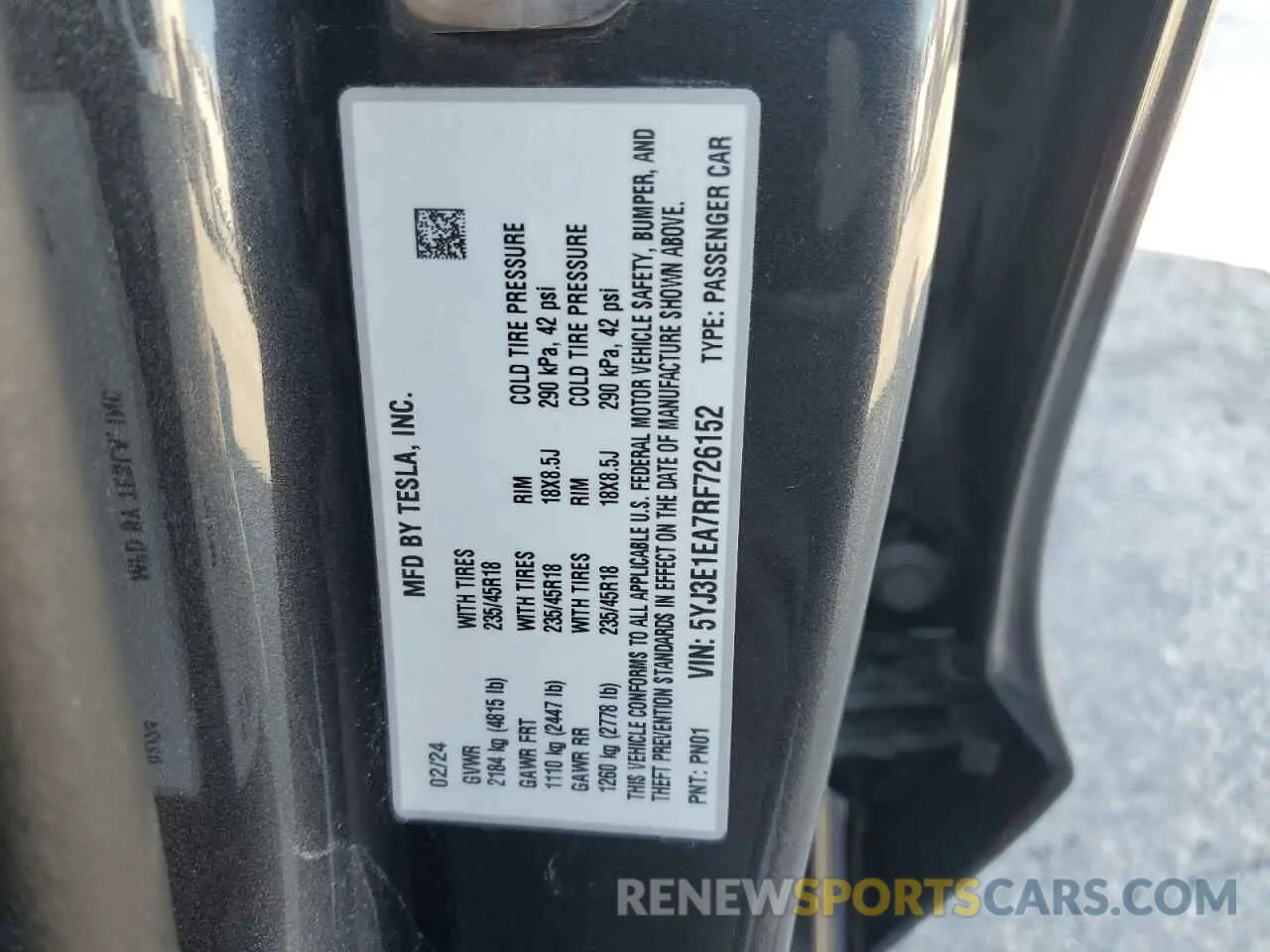 12 Photograph of a damaged car 5YJ3E1EA7RF726152 TESLA MODEL 3 2024