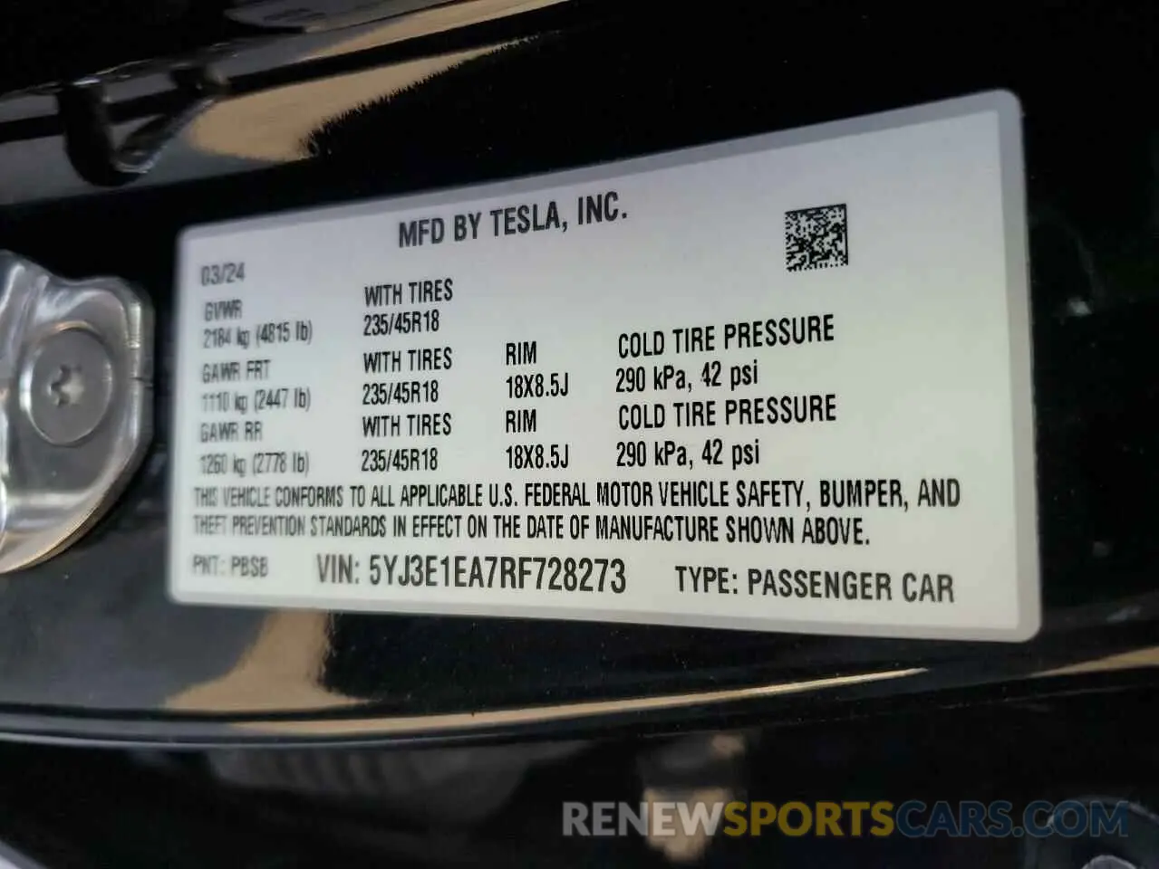 14 Photograph of a damaged car 5YJ3E1EA7RF728273 TESLA MODEL 3 2024