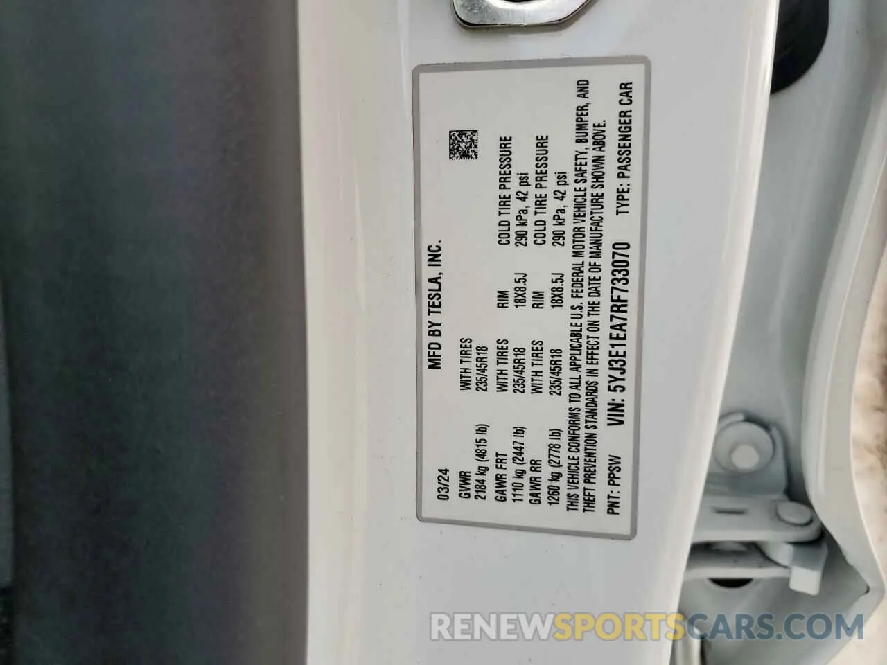 13 Photograph of a damaged car 5YJ3E1EA7RF733070 TESLA MODEL 3 2024