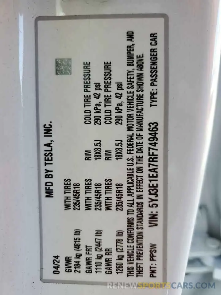 13 Photograph of a damaged car 5YJ3E1EA7RF749463 TESLA MODEL 3 2024