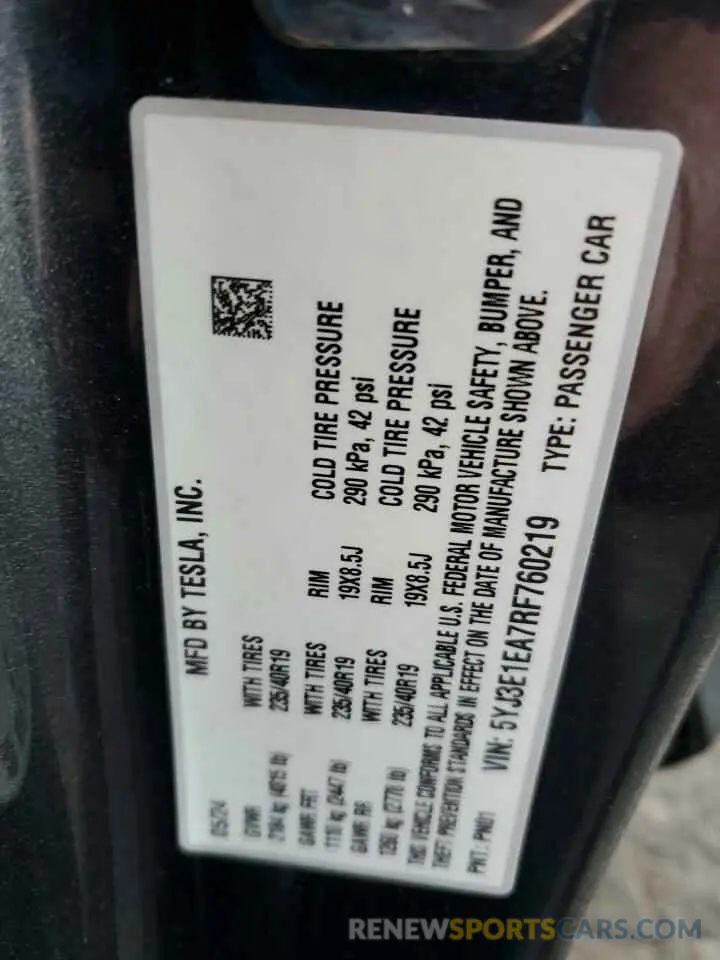12 Photograph of a damaged car 5YJ3E1EA7RF760219 TESLA MODEL 3 2024
