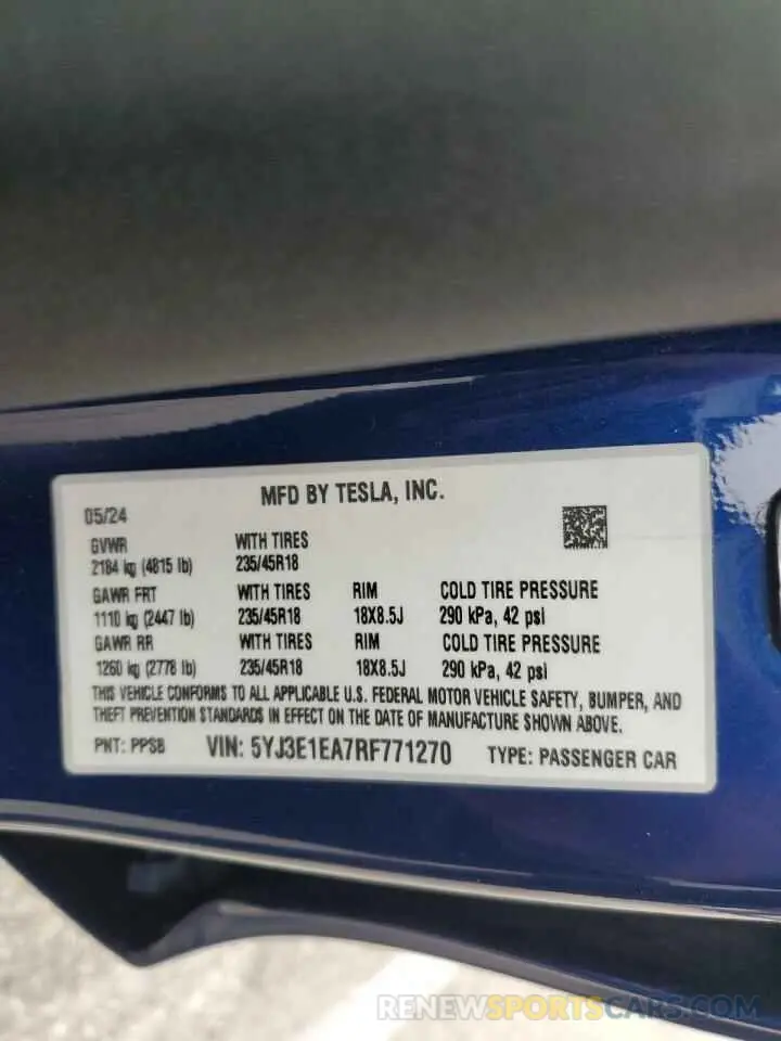 15 Photograph of a damaged car 5YJ3E1EA7RF771270 TESLA MODEL 3 2024