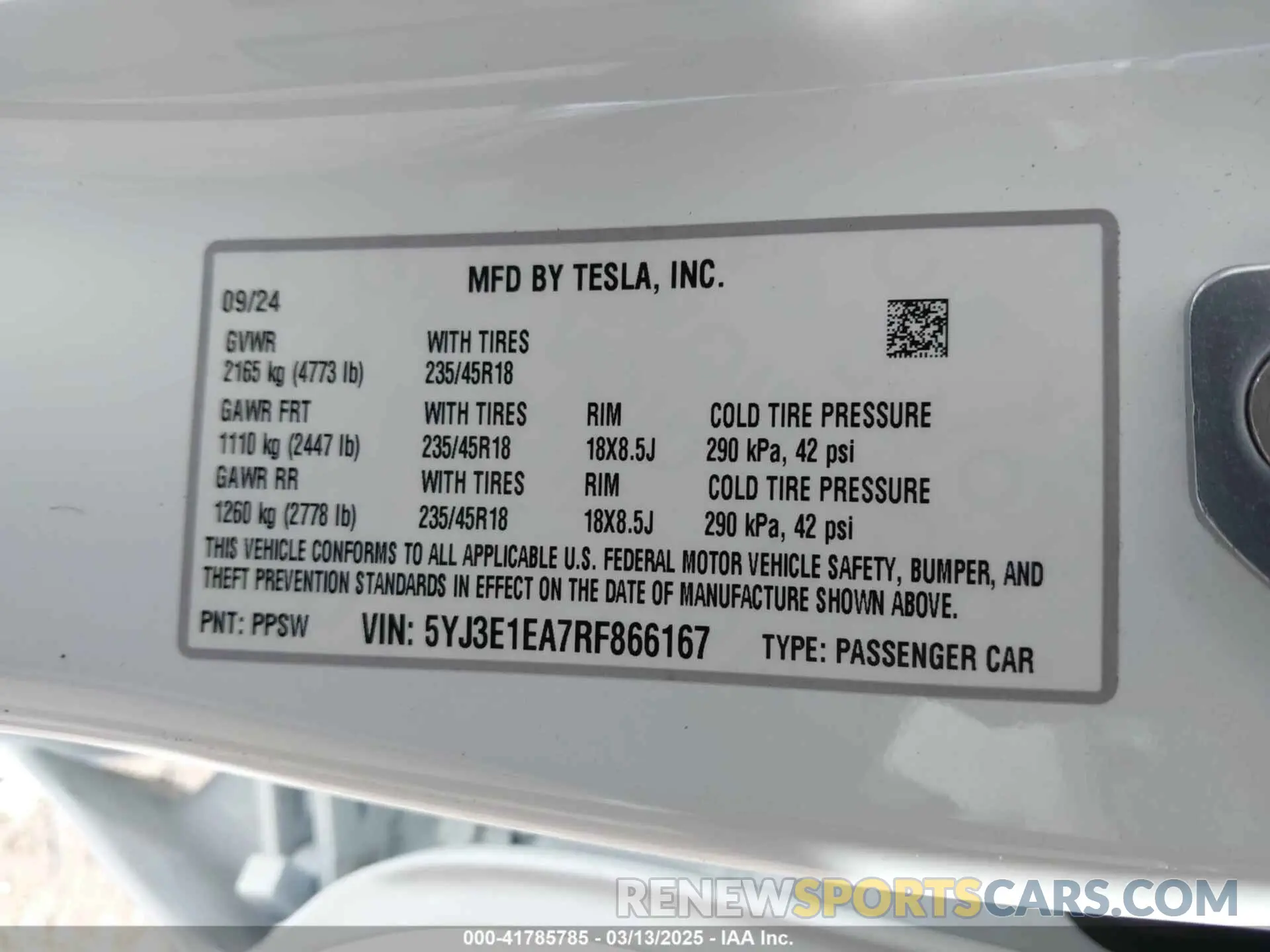 9 Photograph of a damaged car 5YJ3E1EA7RF866167 TESLA MODEL 3 2024