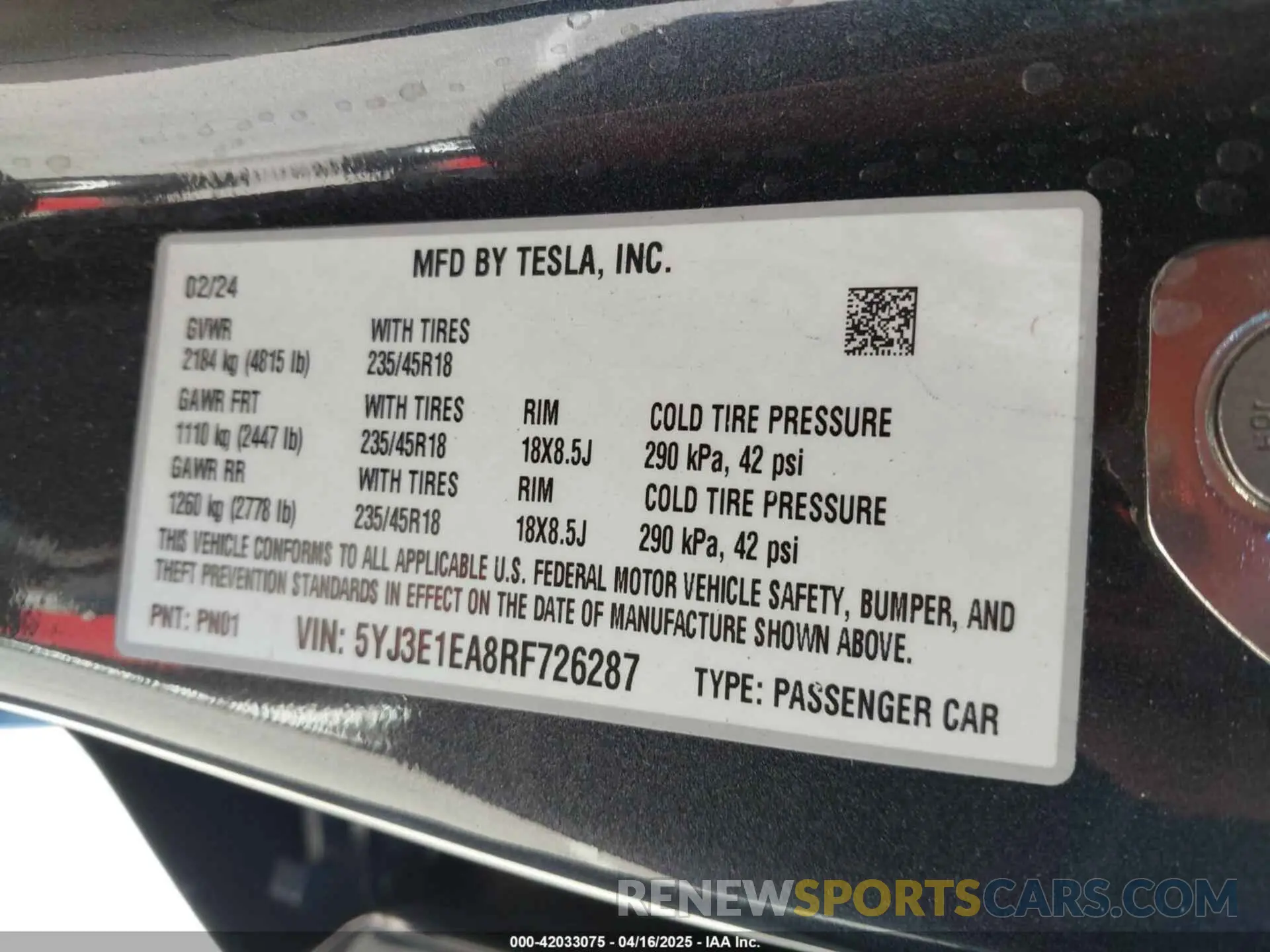 9 Photograph of a damaged car 5YJ3E1EA8RF726287 TESLA MODEL 3 2024
