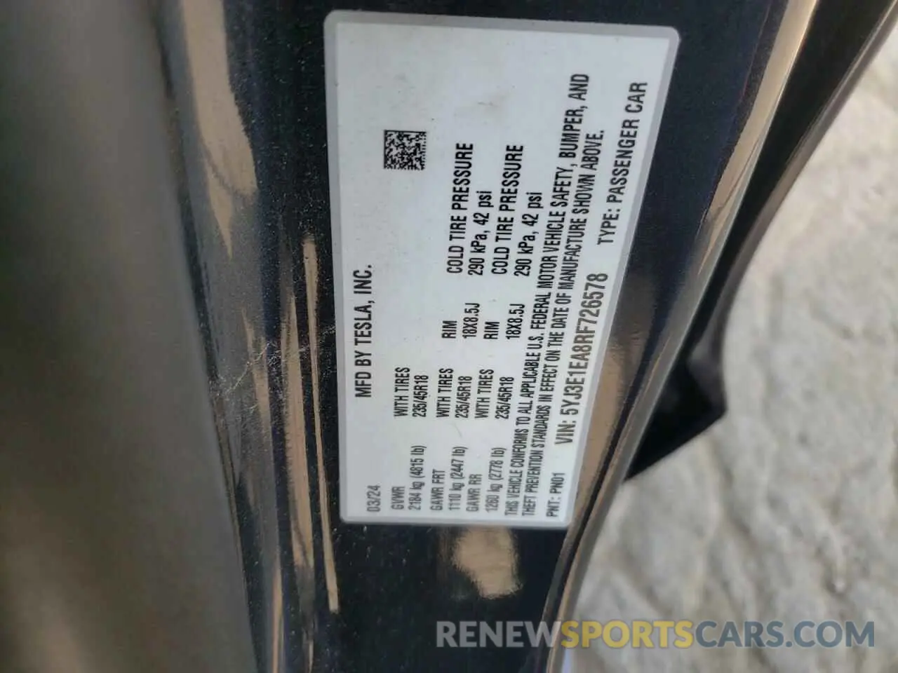 12 Photograph of a damaged car 5YJ3E1EA8RF726578 TESLA MODEL 3 2024
