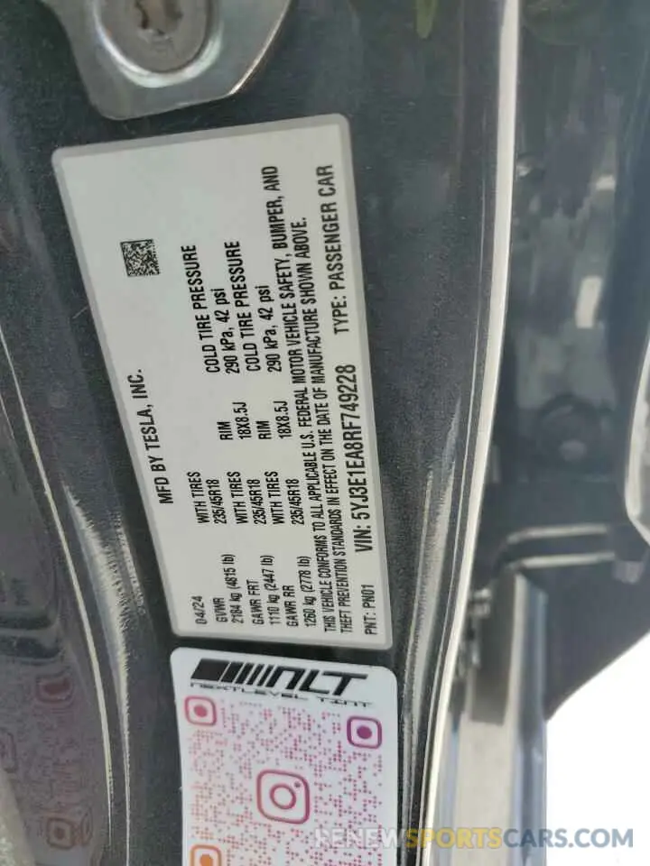 12 Photograph of a damaged car 5YJ3E1EA8RF749228 TESLA MODEL 3 2024