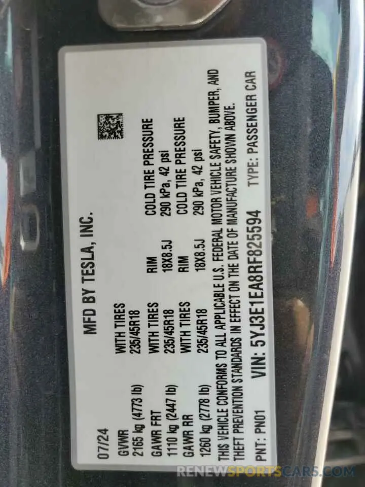 14 Photograph of a damaged car 5YJ3E1EA8RF825594 TESLA MODEL 3 2024