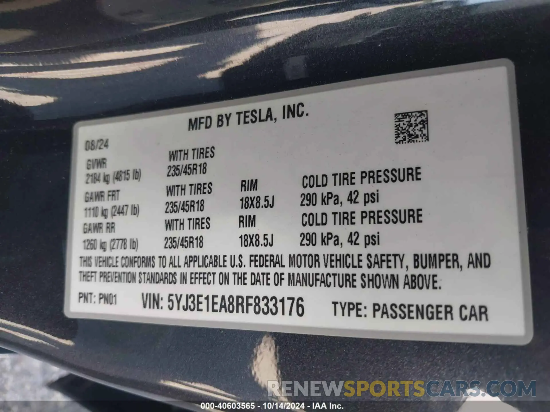 9 Photograph of a damaged car 5YJ3E1EA8RF833176 TESLA MODEL 3 2024