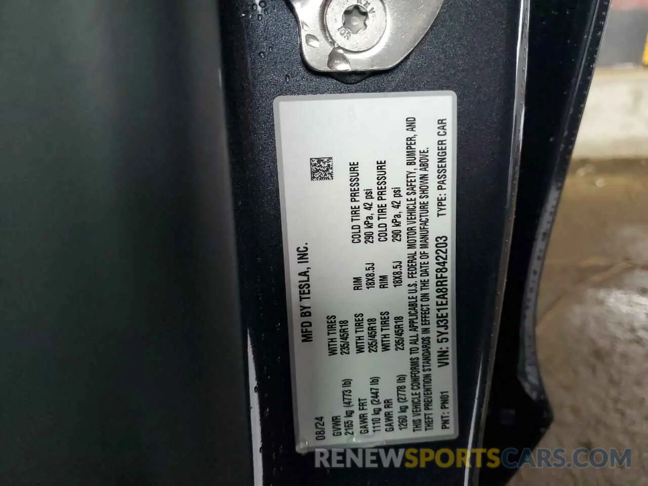 15 Photograph of a damaged car 5YJ3E1EA8RF842203 TESLA MODEL 3 2024
