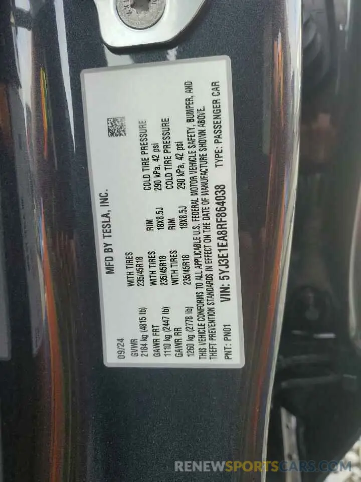 13 Photograph of a damaged car 5YJ3E1EA8RF864038 TESLA MODEL 3 2024