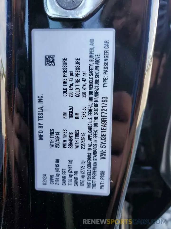 12 Photograph of a damaged car 5YJ3E1EA9RF721793 TESLA MODEL 3 2024