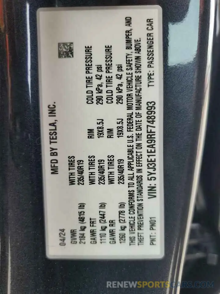 12 Photograph of a damaged car 5YJ3E1EA9RF748993 TESLA MODEL 3 2024